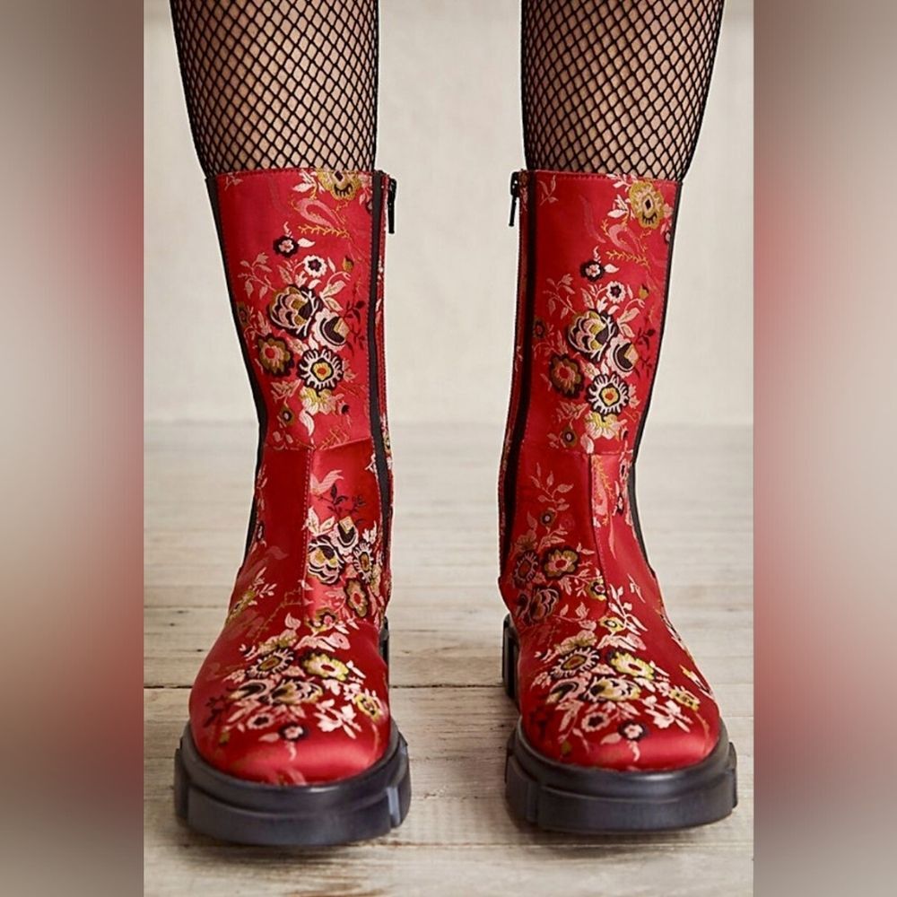 NEW Free People Brooks Brocade Satin Floral Print Lug Heel Zip Chelsea Boots 36